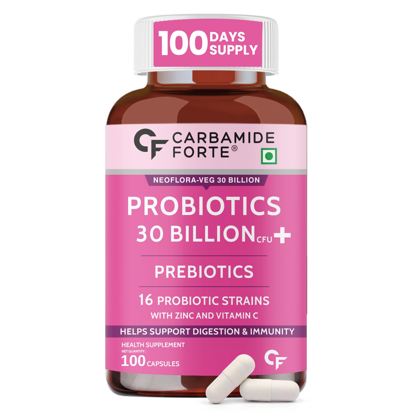 Carbamide Forte probiotics 30 billion CFU prebiotics 100 day supply bottle with capsules probiotics for gut health UAE