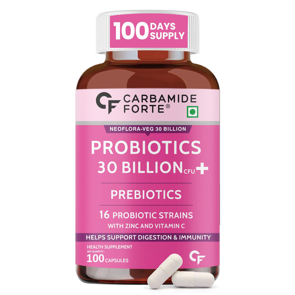Carbamide Forte probiotics 30 billion CFU prebiotics 100 day supply bottle with capsules probiotics for gut health UAE
