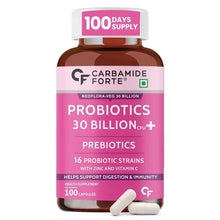 Carbamide Forte probiotics supplement bottle with 100-day label and capsule count