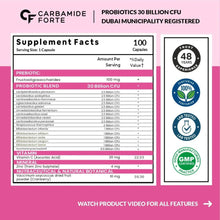 Probiotics supplement facts panel with 100 capsules serving information