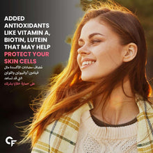Carbamide Forte vegan collagen supplement promo with smiling woman close-up outdoors