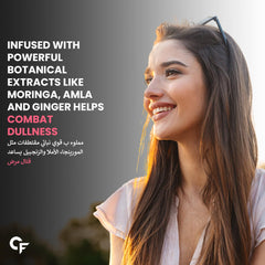Carbamide Forte vegan collagen supplements for women shown with smiling woman and botanical extracts for brightening