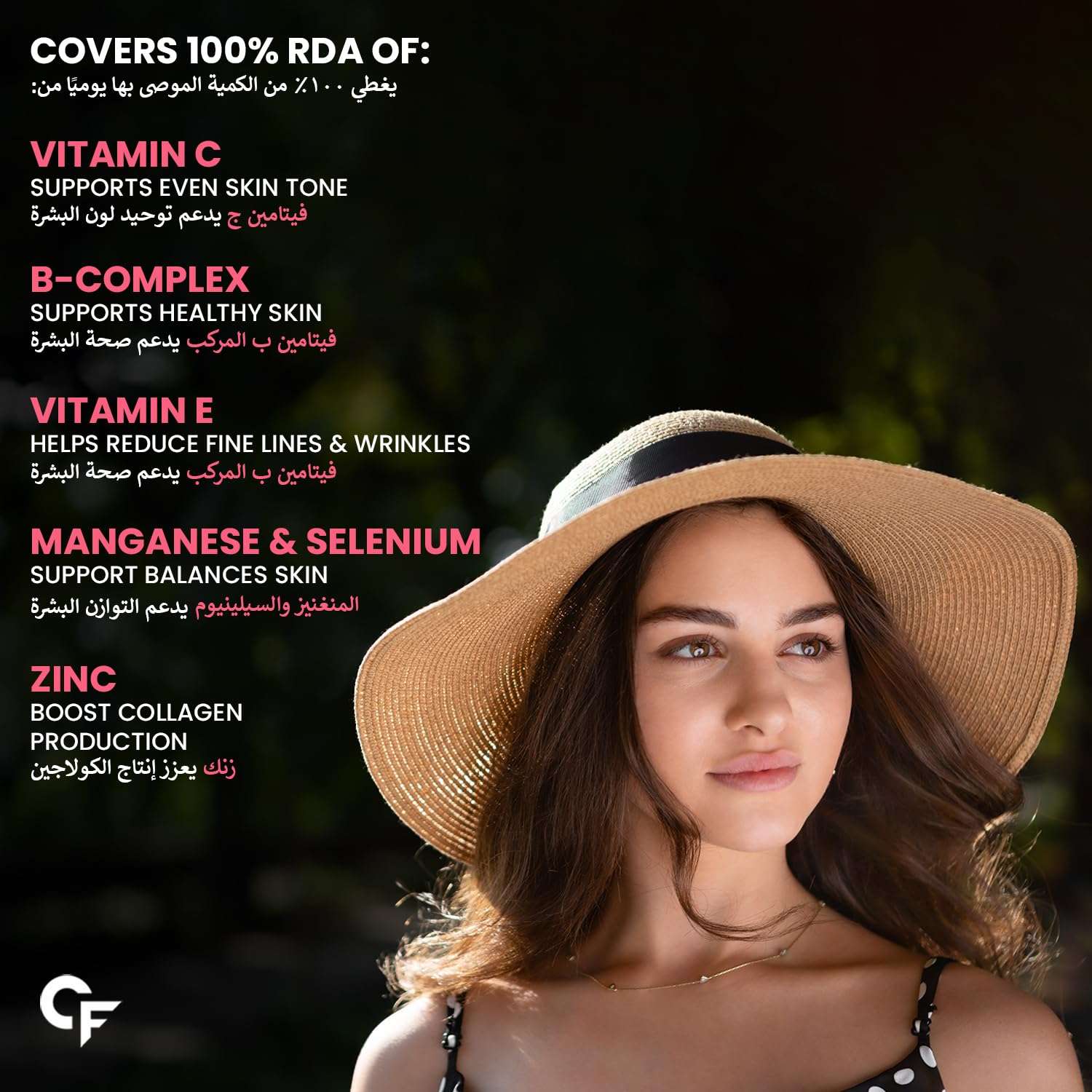 Carbamide Forte ad with woman in straw hat and nutrient list highlighting vitamins for vegan collagen supplements for women