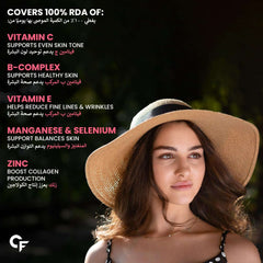 Carbamide Forte ad with woman in straw hat and nutrient list highlighting vitamins for vegan collagen supplements for women