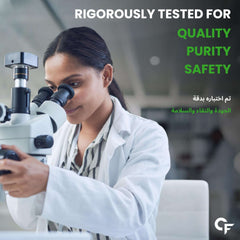 Carbamide Forte scientist examining sample under microscope with quality testing text vegetarian omega 3 supplement UAE