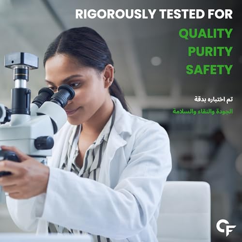 Scientist in white lab coat using microscope and lab testing text promoting quality purity safety vegetarian omega 3 supplement UAE