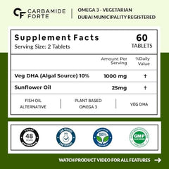 Carbamide Forte supplement facts label showing Veg DHA 1000 mg 60 tablets vegetarian omega 3 supplement UAE