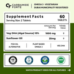 Carbamide Forte supplement facts label for vegetarian omega 3 supplement UAE showing Veg DHA 1000 mg Sunflower Oil 25 mg 60 tablets