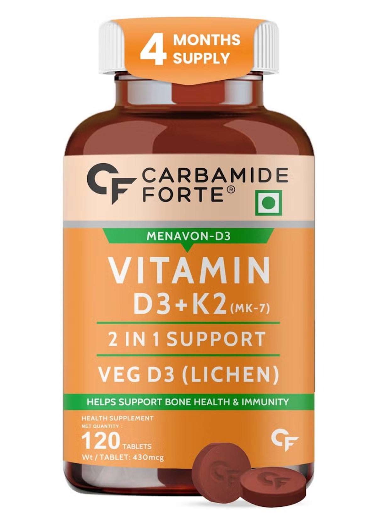 CARBAMIDE FORTE Vitamin D3 K2 supplement UAE in a 120-tablet bottle for bone health and immunity