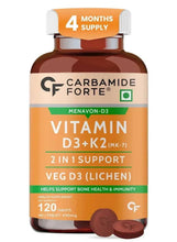 Vitamin D3 and K2 supplement bottle with Carbamide Forte branding and 120 veg tablets