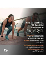 Vitamin D3 and K2 supplement shown with two people exercising and calcium absorption text