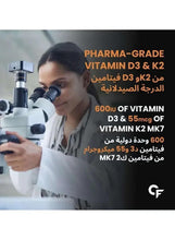 Vitamin D3 and K2 supplement shown with a lab technician using a microscope and dosage text