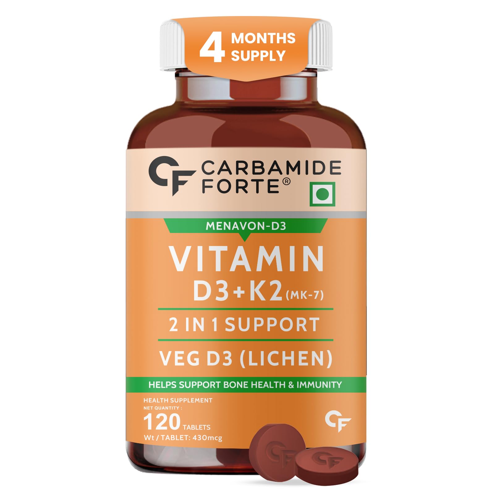 Carbamide Forte Vitamin D3 and K2 bottle 120 tablets 4 months supply veg D3 lichen vitamin d3 k2 supplement UAE