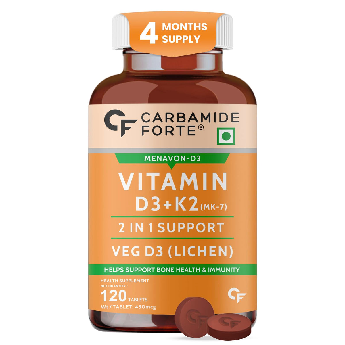 Carbamide Forte Vitamin D3 and K2 bottle 120 tablets 4 months supply veg D3 lichen vitamin d3 k2 supplement UAE