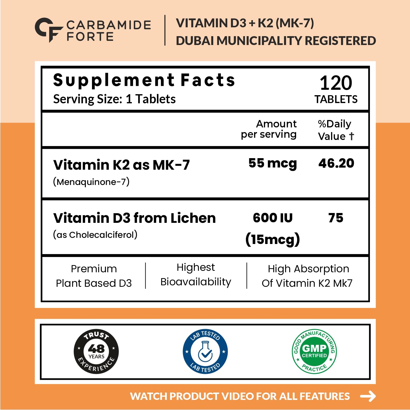 Carbamide Forte label showing supplement facts Vitamin D3 600 IU and K2 MK7 55 mcg 120 tablets vitamin d3 k2 supplement UAE
