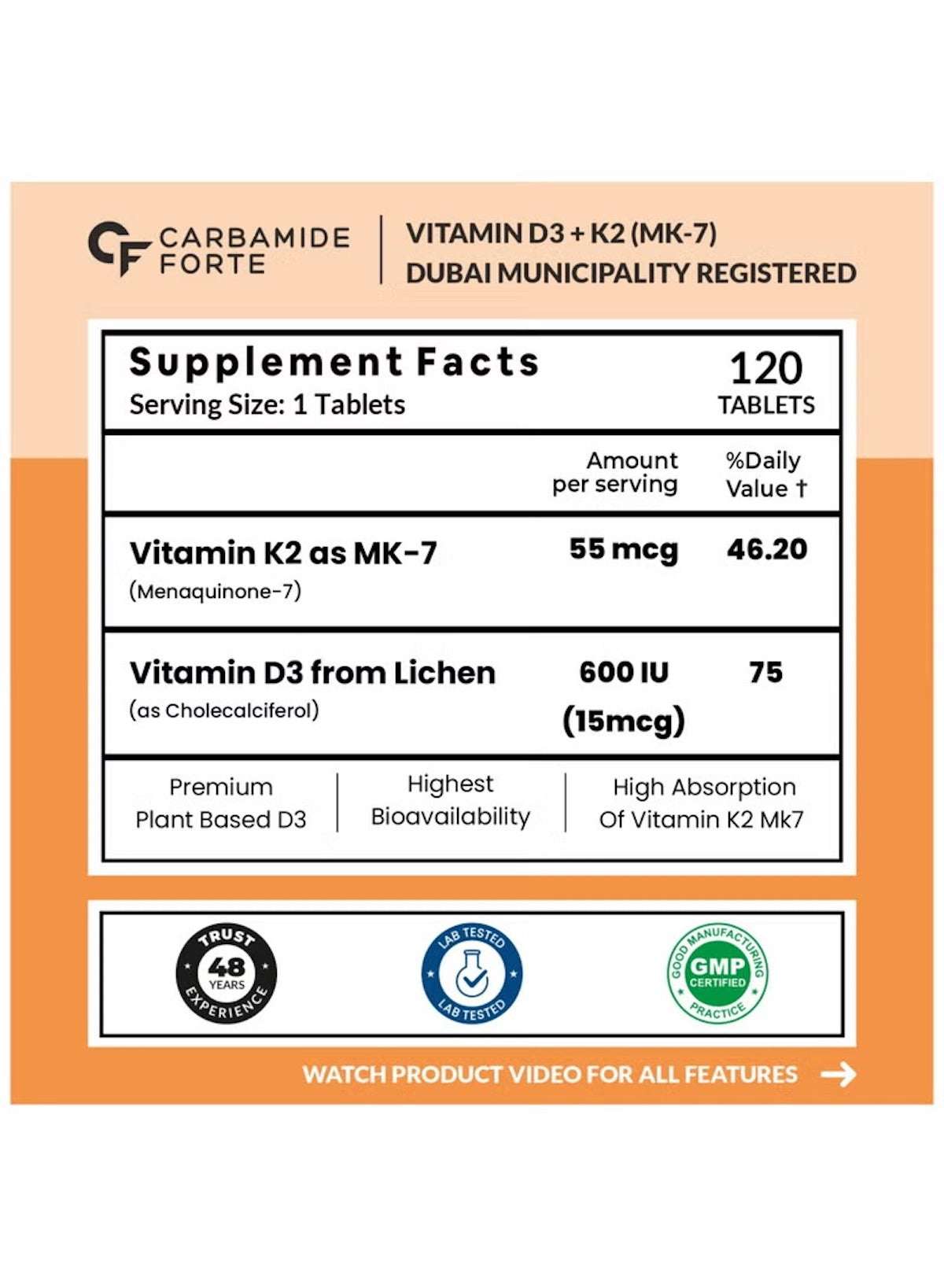 CARBAMIDE FORTE Vitamin D3 K2 supplement UAE with 120 tablets for healthy bone support