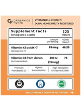 Vitamin D3 and K2 supplement facts panel showing 120 tablets and per-serving amounts