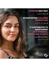 Lycopene collagen support supplement promotional image with woman and text
