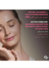 L-glutathione reduced 500 mg supplement promotional image with woman and text