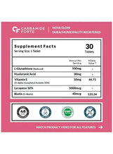 Supplement facts label for 30 tablets with L-glutathione, hyaluronic acid, biotin