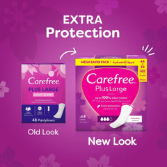 Panty liners pack showing old vs new look, Plus Large extra protection