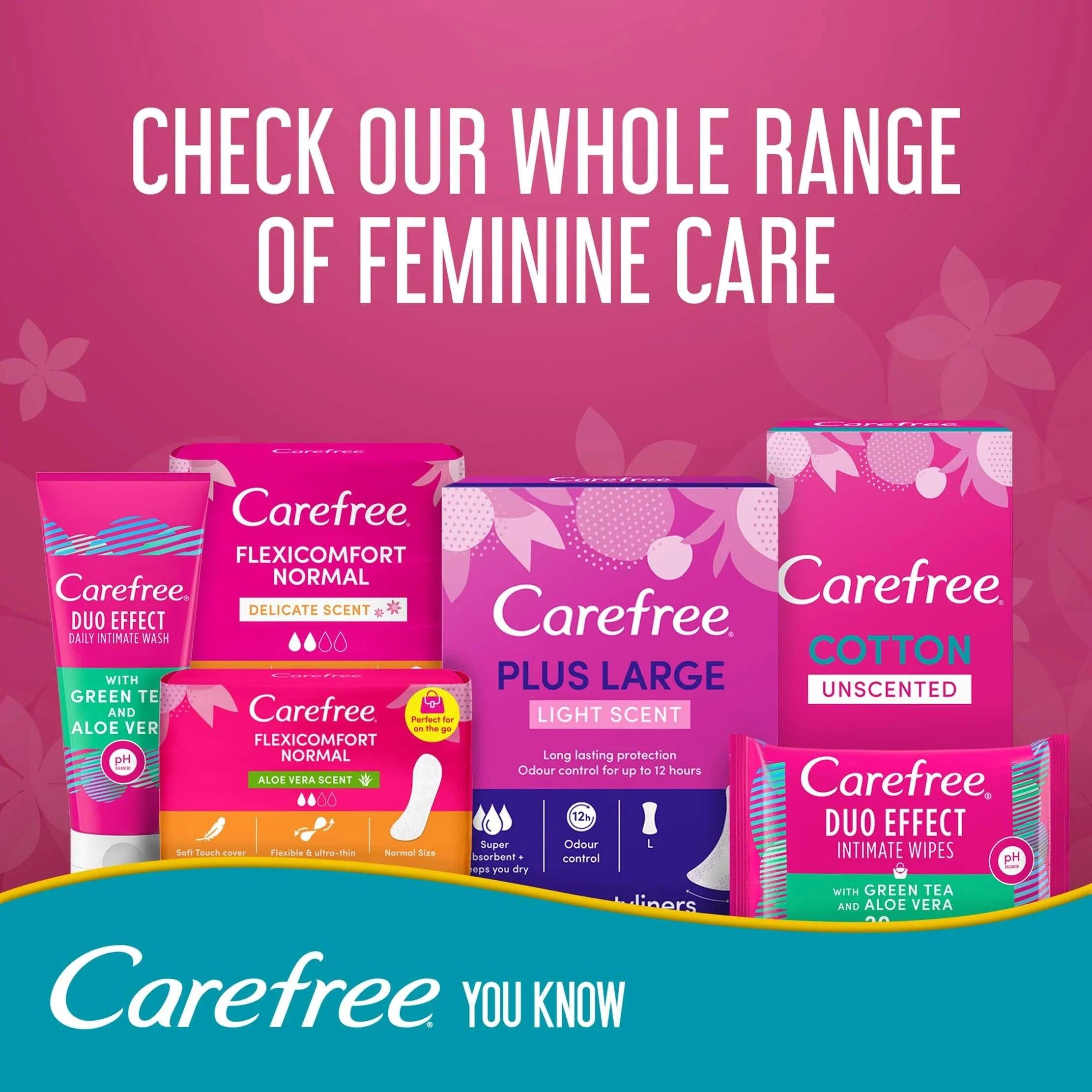 Carefree panty liners variety pack display with cotton feel and unscented options