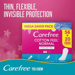 Carefree Cotton Feel Normal perfume-free panty liner mega saver pack, 56+20 free