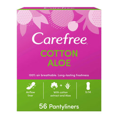 Carefree panty liners cotton aloe 56 count box pink and green packaging breathable cotton extract liners
