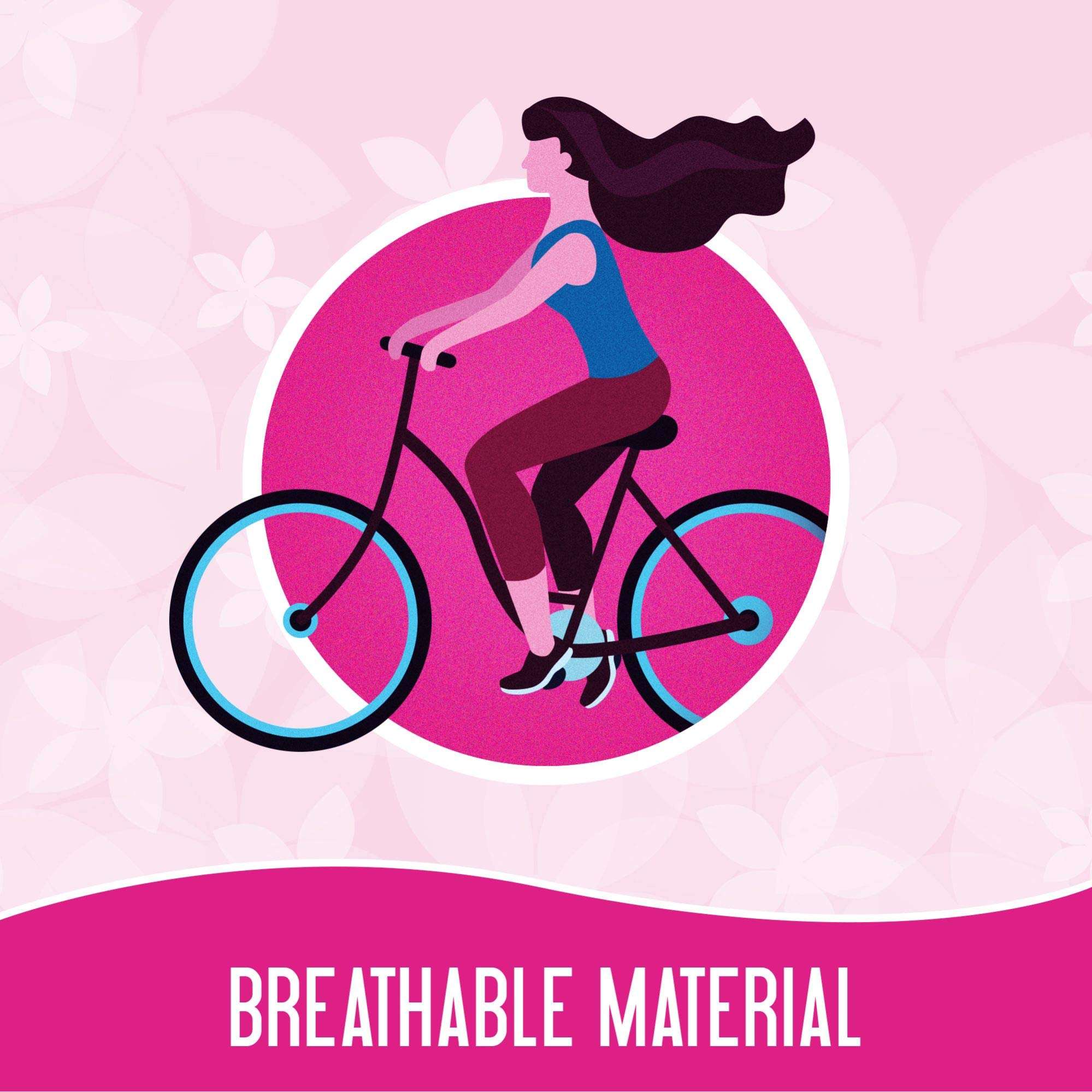 Carefree panty liners cotton aloe illustration of woman riding a bicycle on pink background with breathable material text