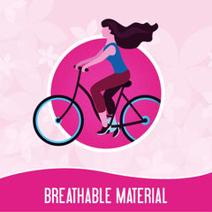 Carefree panty liners cotton aloe illustration of woman riding a bicycle on pink background with breathable material text
