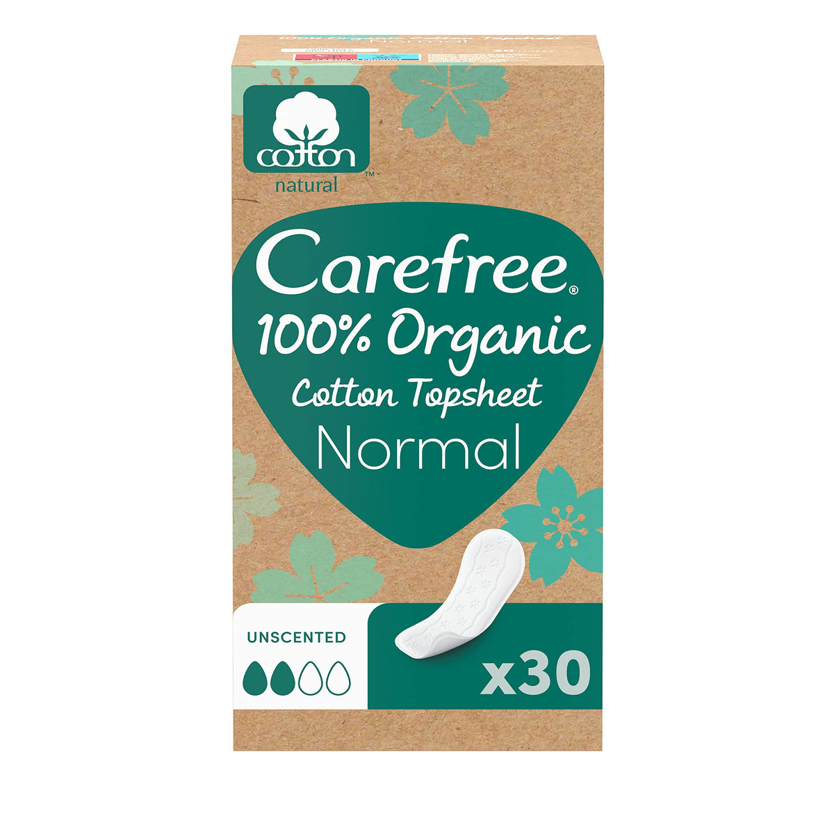 Carefree 100 percent organic cotton topsheet normal unscented pack of 30 organic cotton panty liners UAE