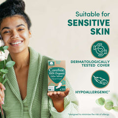 Carefree woman holding box of Carefree organic cotton panty liners UAE normal 30 pack suitable for sensitive skin