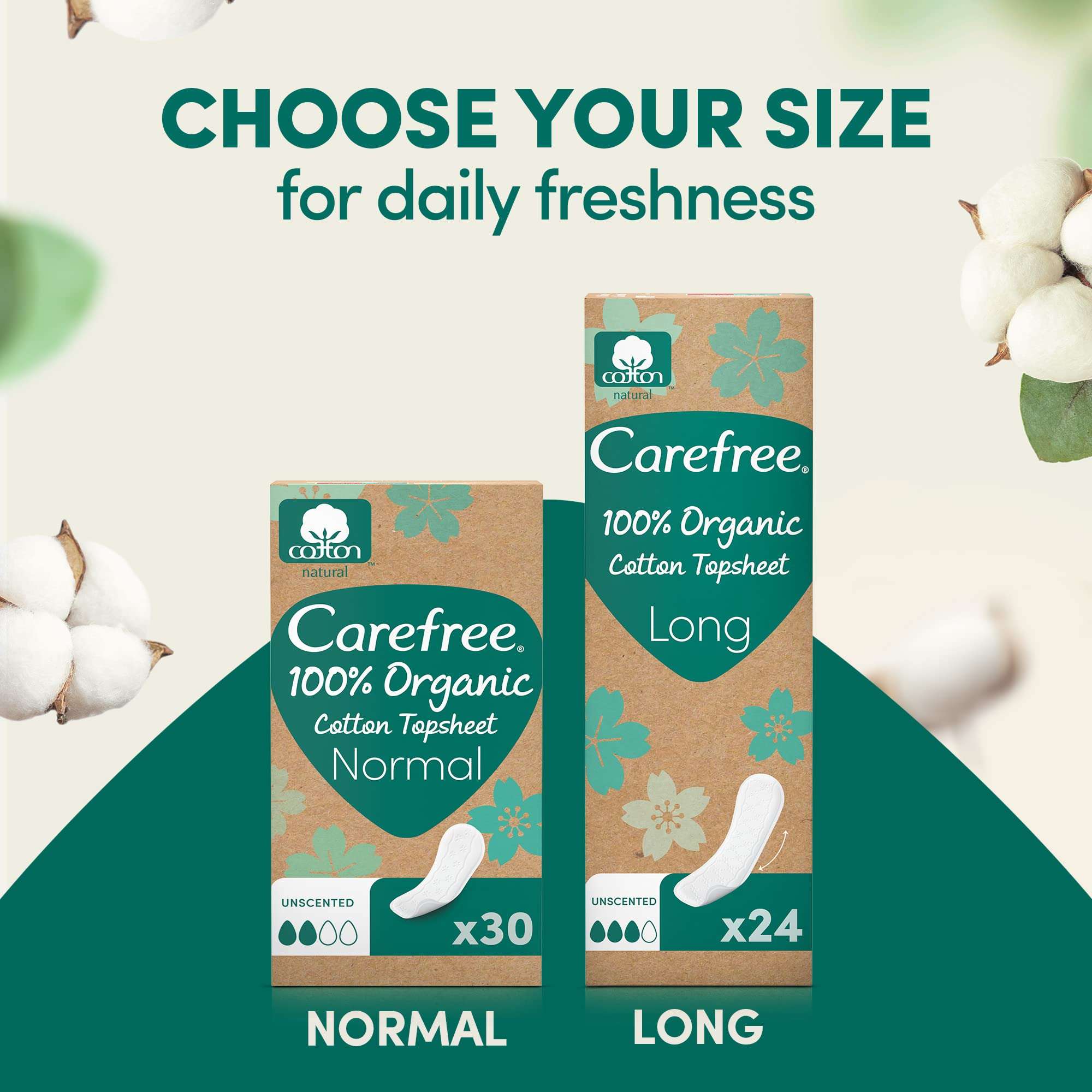 Carefree 100 percent organic cotton panty liners UAE packaging showing Normal and Long sizes with cotton