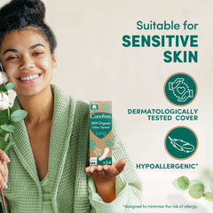 Carefree box of organic cotton panty liners held by smiling woman with text Suitable for sensitive skin