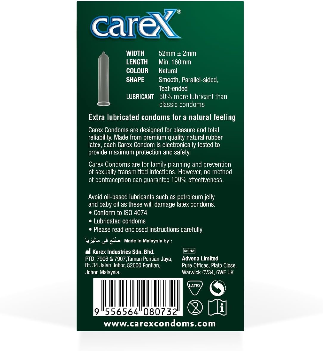 Green Carex condom back packaging with product details lubricated natural color and barcode Carex classic condoms 12 pack