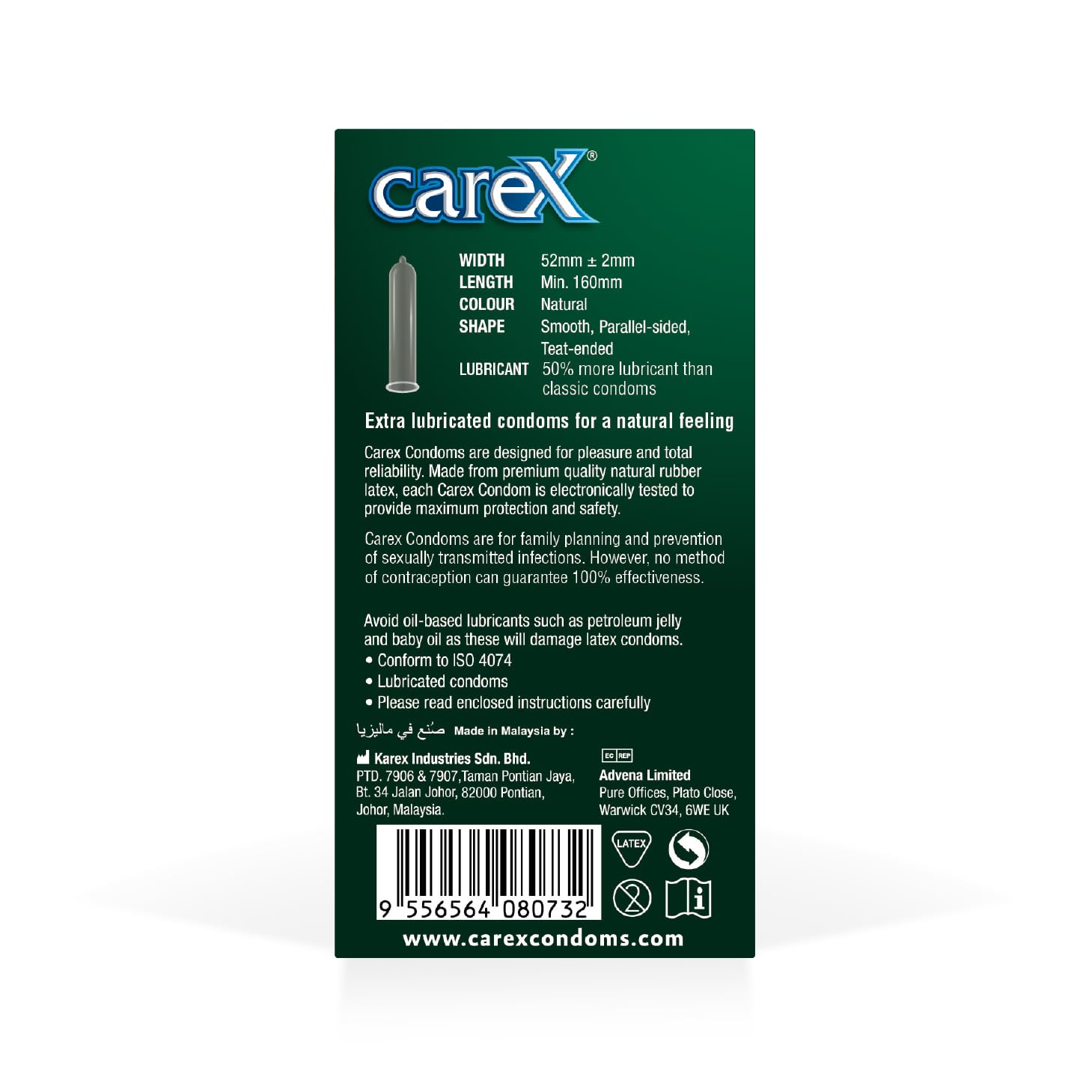 Back of green Carex box showing condom illustration and product info for Carex classic condoms 12 pack