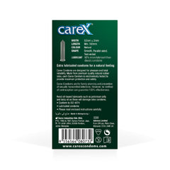 Back of green Carex box showing condom illustration and product info for Carex classic condoms 12 pack