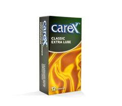 Carex classic condoms 12 pack box Classic Extra Lube packaging with gold satin graphic and 12 condoms