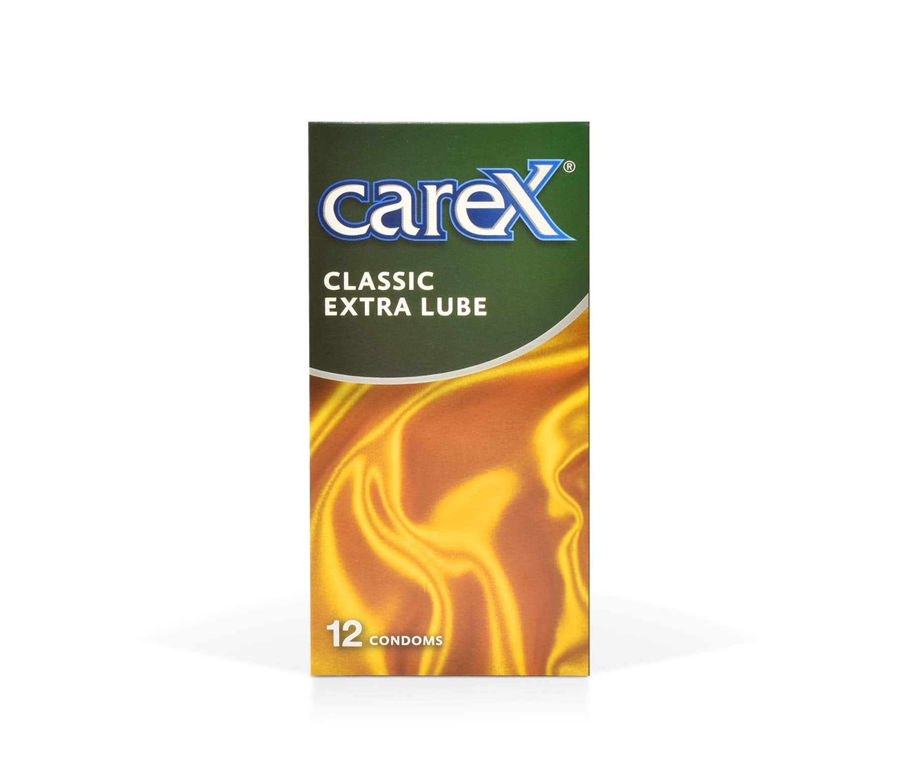 Carex classic condoms 12 pack box of Carex Classic Extra Lube condoms in green and gold packaging