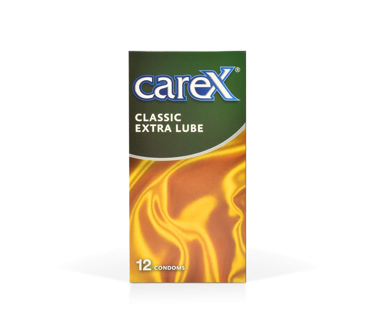 Carex classic condoms 12 pack box of Carex Classic Extra Lube condoms in green and gold packaging