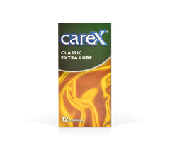 Carex classic condoms 12 pack box of Carex Classic Extra Lube condoms in green and gold packaging