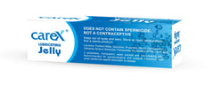 Carex lubricating jelly white and blue retail box showing product name and non spermicidal water based lubricant