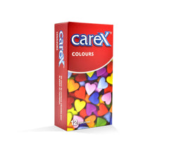 Carex Colours box with colorful heart pattern on packaging showing colored condoms 12 pack