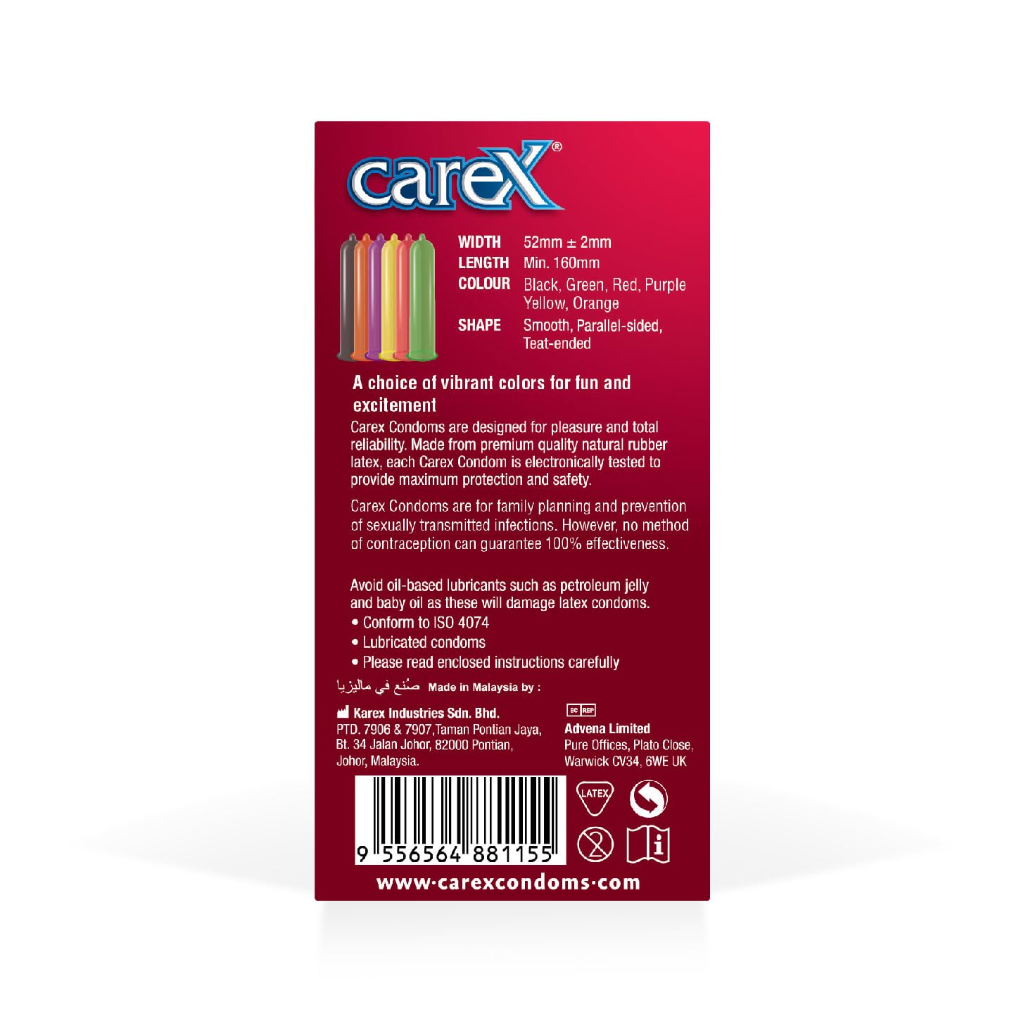 Carex package back showing colorful condom illustrations and product information colored condoms 12 pack