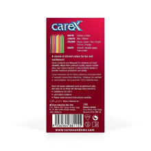 Carex Colours condom box back panel with measurements and barcode