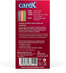 Carex condom packaging back view showing vibrant color options and product details colored condoms 12 pack