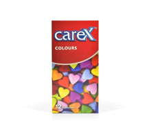 Carex Colours condom box, 12 count, vibrant heart assortment graphic