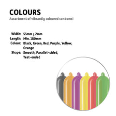 Carex colored condoms 12 pack assortment showing black green red purple yellow and orange condoms and sizing info