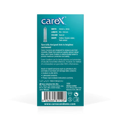 Carex condom packaging back with dotted condom illustration and product specs dotted condoms for enhanced pleasure