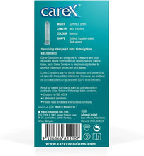Carex dotted condom box back panel with condom size and usage information